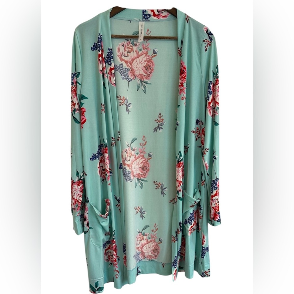 Tickled Teal floral open front cardigan with pockets women XL
